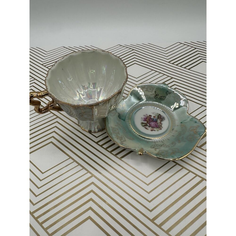 Lugene Japan Porcelain Demitasse Teacup & Saucer Victorian Love Scene Vintage